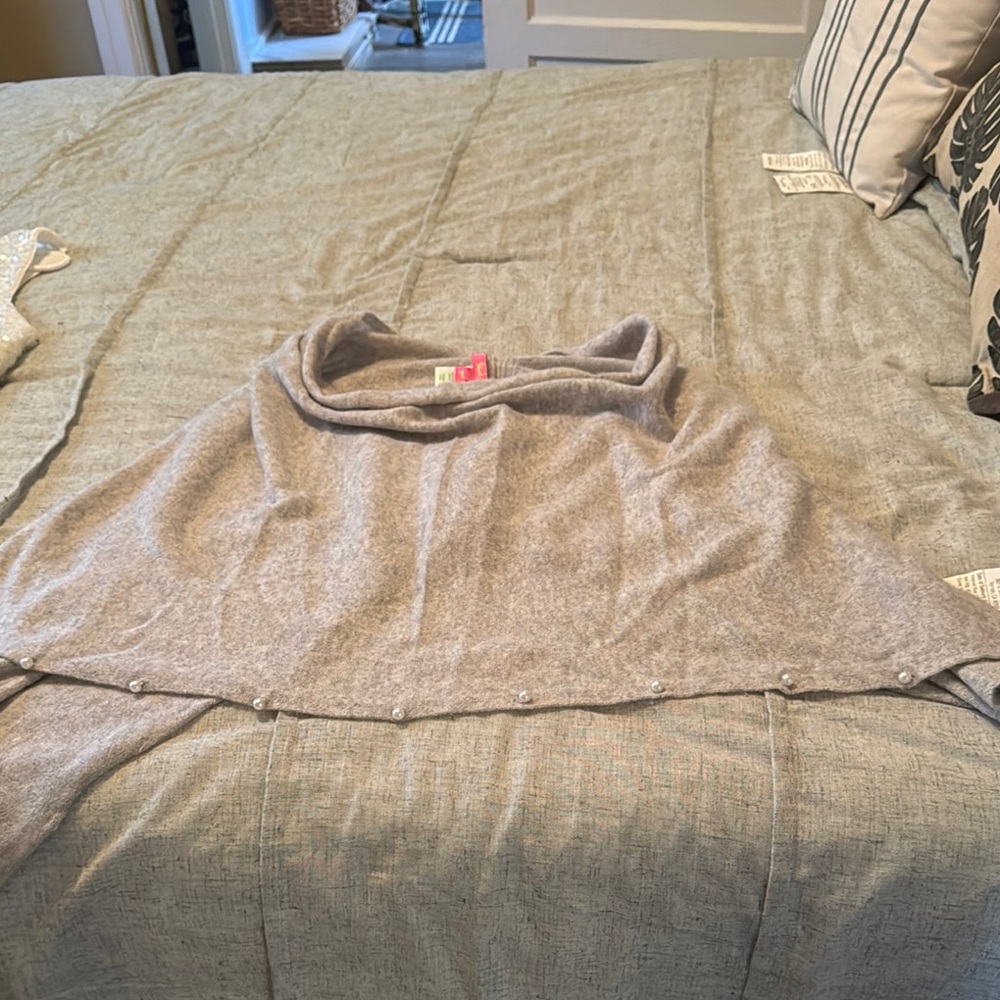 Gray Knit Poncho with Pearl Accents